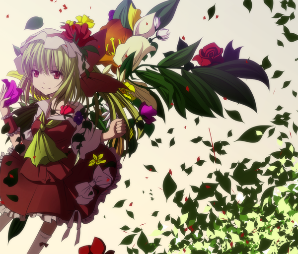 Anime picture 1200x1024 with touhou flandre scarlet s-syogo single short hair smile red eyes green hair girl dress flower (flowers) plant (plants) bonnet