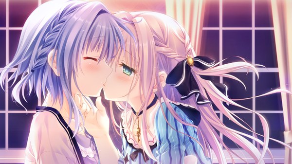 Anime picture 2560x1440 with otome domain asuka minato saionji kazari tatekawa mako long hair blush highres short hair blonde hair wide image green eyes game cg silver hair indoors braid (braids) eyes closed embarrassed single braid kiss crossdress