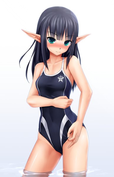 Anime picture 967x1500 with phantasy star sega rupika (pso2) lumia swimwear eto single long hair tall image looking at viewer blush light erotic black hair simple background white background green eyes pointy ears girl swimsuit water