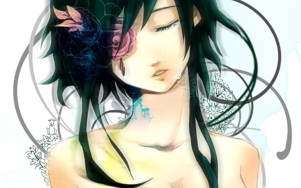 Anime picture 1680x1050 with vocaloid gumi short hair open mouth wide image bare shoulders eyes closed green hair nude wallpaper crying girl flower (flowers)