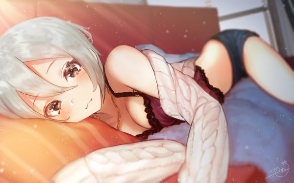 Anime picture 1200x750 with idolmaster idolmaster cinderella girls idolmaster cinderella girls starlight stage shiomi shuuko mia (miaflocon) single looking at viewer blush fringe short hair light erotic hair between eyes bare shoulders signed cleavage lying long sleeves grey hair black eyes sunlight