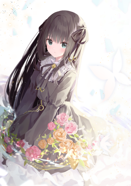 Anime picture 2508x3541 with arcaea tairitsu (arcaea) samayoi single long hair tall image looking at viewer fringe highres blue eyes black hair hair between eyes from above partially submerged girl dress flower (flowers) ribbon (ribbons) hair ribbon water