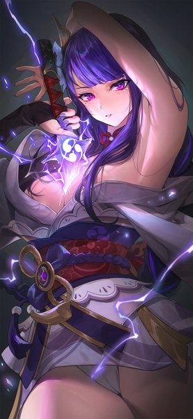 Anime picture 1284x2778 with genshin impact raiden shogun mhk (mechamania) single long hair tall image looking at viewer blush fringe breasts light erotic large breasts standing purple eyes holding cleavage purple hair blunt bangs nail polish traditional clothes