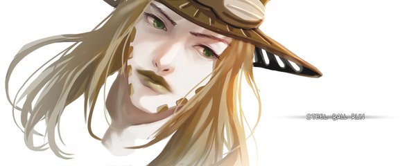 Anime picture 1500x600 with jojo no kimyou na bouken steel ball run gyro zeppeli asd13 single long hair simple background blonde hair wide image white background green eyes lips realistic copyright name lipstick face boy hat