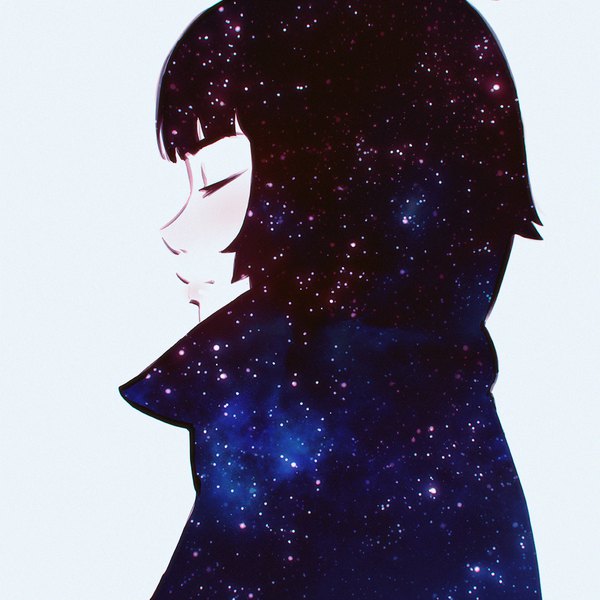 Anime picture 1080x1080 with original ilya kuvshinov single fringe short hair simple background white background blunt bangs eyes closed profile space starry sky print space print double exposure girl