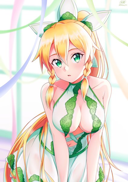 Anime picture 1654x2339 with sword art online a-1 pictures leafa ken-ji single long hair tall image looking at viewer blush fringe breasts open mouth light erotic blonde hair hair between eyes large breasts standing bare shoulders green eyes signed