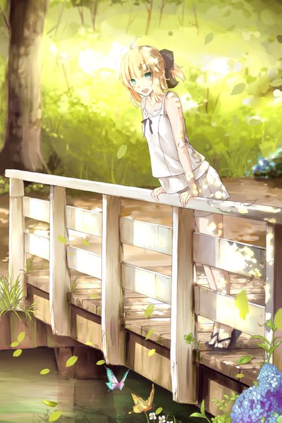 Anime picture 1366x2048 with fate (series) fate/stay night type-moon artoria pendragon (all) saber magicians (zhkahogigzkh) single long hair tall image looking at viewer blush fringe open mouth blonde hair standing green eyes outdoors ponytail shadow leaning