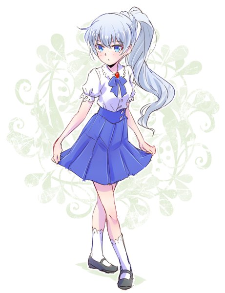 Anime picture 2000x2600 with rwby rooster teeth weiss schnee iesupa single long hair tall image looking at viewer fringe highres blue eyes simple background hair between eyes standing silver hair full body ponytail pleated skirt short sleeves puffy sleeves