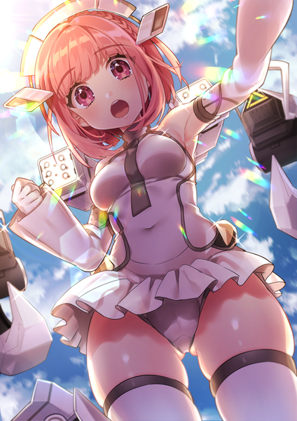 Anime picture 672x950 with alice gear aegis aikawa aika sakura yuki (clochette) single tall image looking at viewer fringe short hair breasts open mouth light erotic bare shoulders pink hair sky blunt bangs braid (braids) pink eyes sunlight from below armpit (armpits)