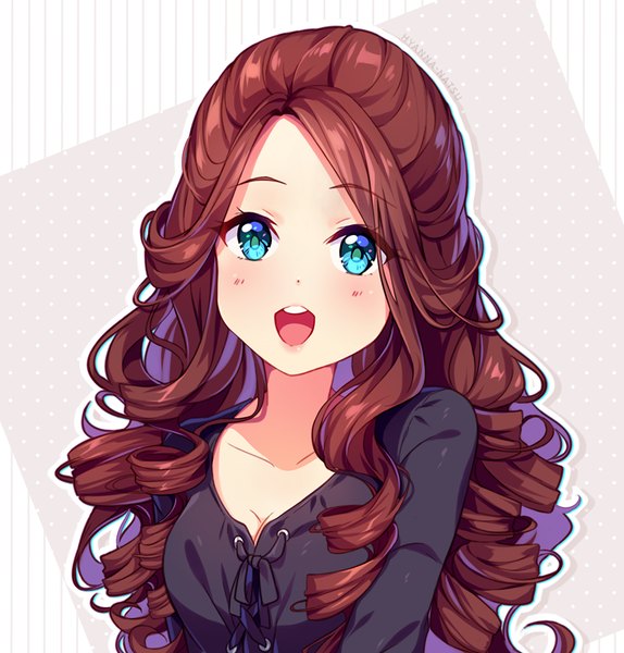 Anime picture 765x800 with original hyanna-natsu single long hair tall image looking at viewer blush open mouth simple background smile brown hair signed cleavage upper body :d aqua eyes teeth watermark drill hair happy