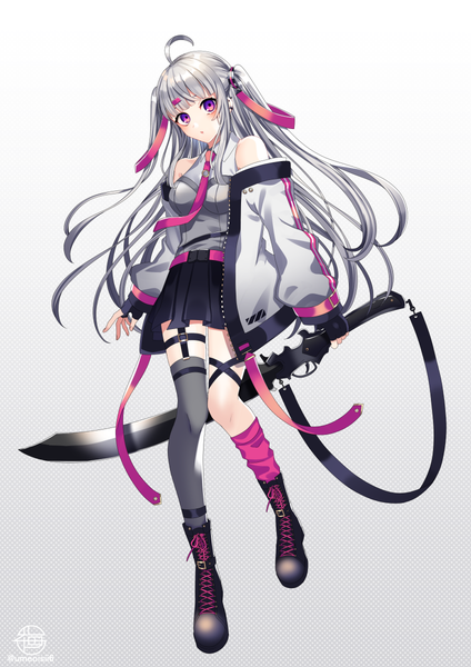 Anime picture 848x1200 with original umeno shii single long hair tall image looking at viewer simple background purple eyes silver hair full body ahoge open jacket two side up gradient background lacing asymmetrical legwear girl thighhighs skirt hair ornament