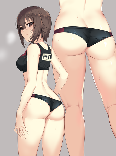 Anime picture 1482x2000 with girls und panzer nishizumi maho ikomochi tall image looking at viewer blush fringe short hair breasts light erotic simple background hair between eyes brown hair standing brown eyes payot ass looking back from behind grey background