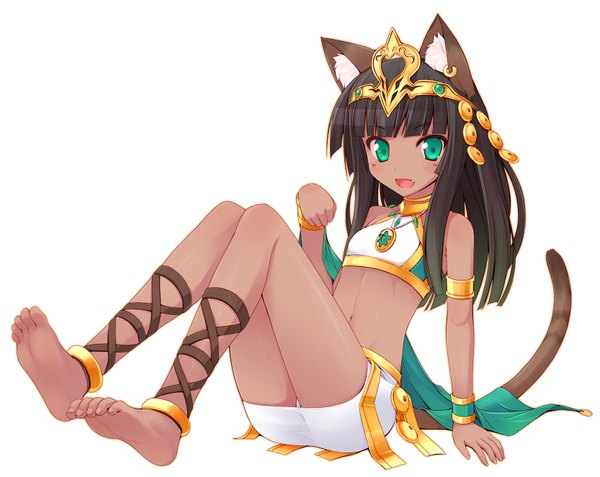 Anime picture 1666x1325 with puzzle & dragons bastet (p&d) naturalton single long hair looking at viewer blush fringe open mouth light erotic black hair simple background white background sitting green eyes animal ears tail animal tail barefoot cat ears