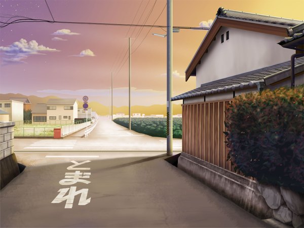 Anime picture 3200x2399 with original kuraimutaimu highres absurdres sky cloud (clouds) no people landscape wire (wires) house road traffic sign