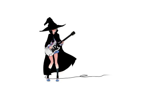 Anime picture 1280x800 with suzumiya haruhi no yuutsu kyoto animation nagato yuki wide image witch girl serafuku cape cloak guitar alien
