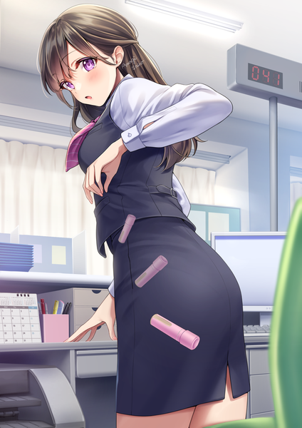 Anime picture 1158x1637 with original receptionist girl (amagi shino) amagi shino single long hair tall image blush fringe open mouth brown hair standing purple eyes signed indoors long sleeves looking back :o half updo office lady office