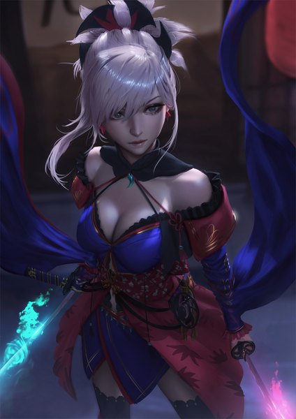 Anime picture 2828x4000 with fate (series) fate/grand order miyamoto musashi (fate) raikoart single long hair tall image fringe highres breasts blue eyes light erotic hair between eyes large breasts standing bare shoulders holding payot looking away cleavage