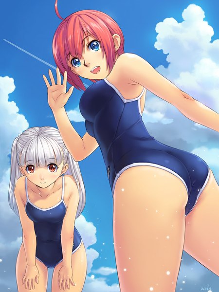 Anime picture 825x1100 with original uchiu kazuma long hair tall image looking at viewer short hair open mouth blue eyes light erotic red eyes multiple girls pink hair sky cloud (clouds) white hair girl 2 girls swimsuit one-piece swimsuit school swimsuit