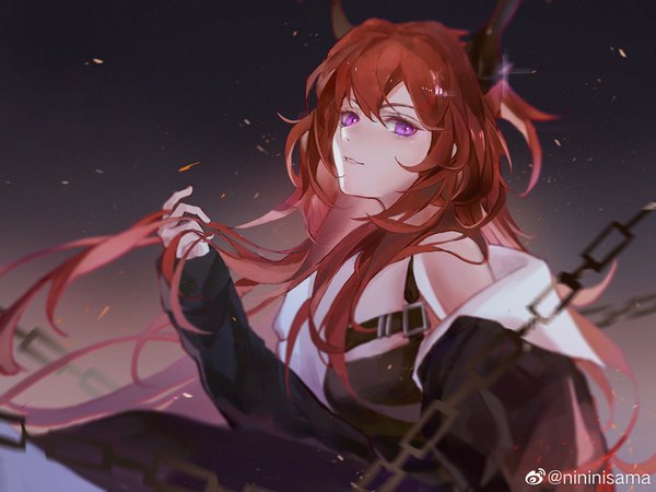 Anime picture 2000x1500 with arknights surtr (arknights) nininisama single long hair looking at viewer fringe highres simple background smile hair between eyes signed upper body red hair parted lips pink eyes horn (horns) off shoulder open jacket floating hair