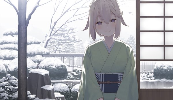 Anime picture 2500x1447 with original tokuno yuika single looking at viewer fringe highres short hair smile hair between eyes brown hair wide image purple eyes cloud (clouds) upper body long sleeves traditional clothes head tilt japanese clothes wide sleeves snow