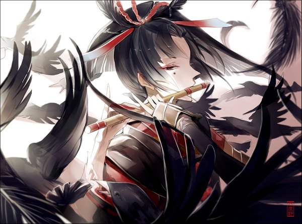 Anime picture 1052x783 with touken ranbu nitroplus kogarasumaru (touken ranbu) yomonoseiseisei single long hair fringe holding traditional clothes japanese clothes mole grey eyes mole under eye eyeshadow boy animal bird (birds) feather (feathers) musical instrument crow