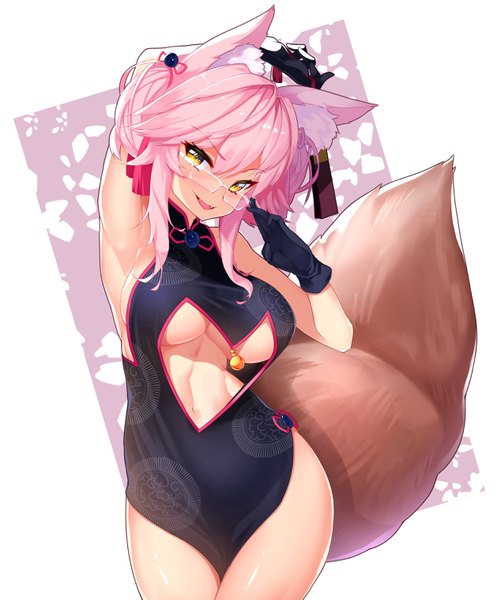 Anime picture 2533x3035 with fate (series) fate/grand order tamamo (fate) (all) koyanskaya ratio (ratio-d) single long hair tall image looking at viewer blush fringe highres breasts open mouth light erotic simple background smile hair between eyes standing white background