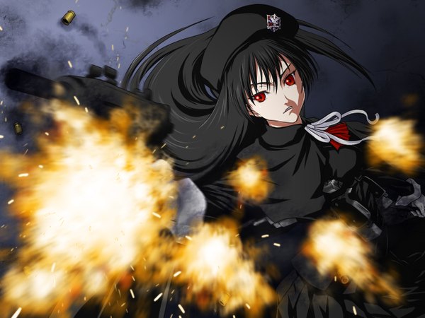 Anime picture 1280x960 with iga tomoteru black hair red eyes gun tagme
