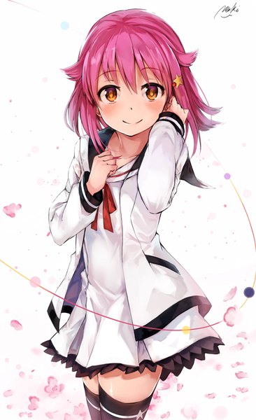 Anime picture 2320x3800 with houkago no pleiades subaru (houkago no pleiades) maki (maki pei) single tall image looking at viewer blush highres short hair smile white background brown eyes signed pink hair girl thighhighs hair ornament black thighhighs petals star hair ornament