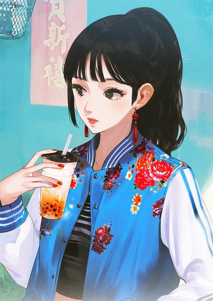 Anime picture 725x1025 with original ekao single long hair tall image fringe black hair simple background holding looking away upper body ponytail blunt bangs nail polish fingernails black eyes open jacket lipstick floral print red lipstick