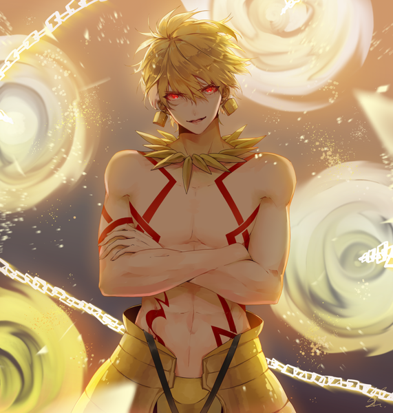 Anime picture 1168x1228 with fate (series) fate/grand order fate/stay night gilgamesh (fate) saihate (d3) single tall image looking at viewer fringe short hair open mouth blonde hair smile hair between eyes red eyes standing bare shoulders tattoo crossed arms muscle