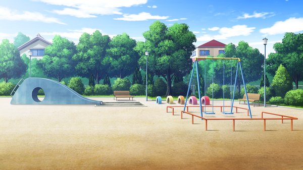 Anime picture 2560x1440 with ojousama wa gokigen naname highres wide image game cg cloud (clouds) no people plant (plants) tree (trees) bench swing playground