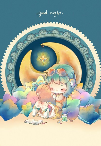 Anime-Bild 700x1009 mit vocaloid gumi nou single tall image blush short hair sitting eyes closed green hair inscription sleeping chibi crescent girl headphones pillow book (books) moon goggles