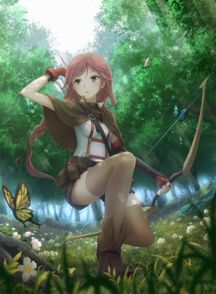 Anime picture 900x1228 with hai to gensou no grimgar a-1 pictures yume (grimgar) asakurashinji single long hair tall image looking at viewer brown hair brown eyes looking away braid (braids) girl thighhighs weapon plant (plants) tree (trees) insect butterfly bow (weapon)