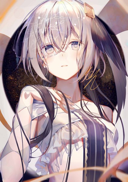 Anime picture 700x990 with original kouyafu single long hair tall image looking at viewer blush fringe hair between eyes purple eyes silver hair upper body parted lips multicolored hair fingernails blurry girl hair ornament transparent clothing veil