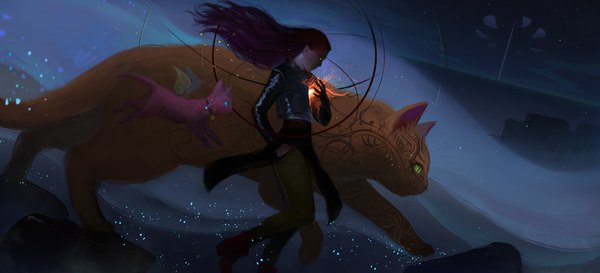 Anime picture 1973x900 with original anndr (artist) single long hair highres wide image yellow eyes purple hair profile wind night glowing dark background hand in pocket walking giant animal girl animal wings cat