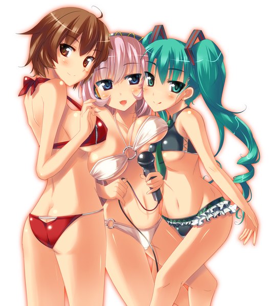 Anime picture 3156x3600 with vocaloid hatsune miku megurine luka meiko tall image highres blue eyes light erotic brown hair white background twintails multiple girls brown eyes green eyes pink hair ass green hair breast press girl swimsuit