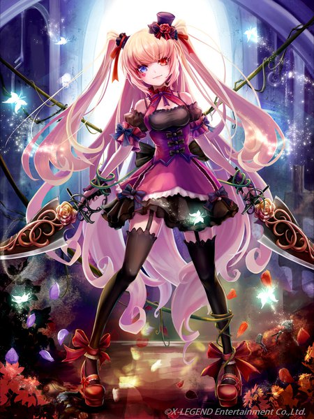 Anime picture 810x1080 with grand fantasia mobile saya kuroha single tall image looking at viewer blush fringe breasts blue eyes blonde hair red eyes standing twintails bare shoulders holding payot full body blunt bangs very long hair head tilt