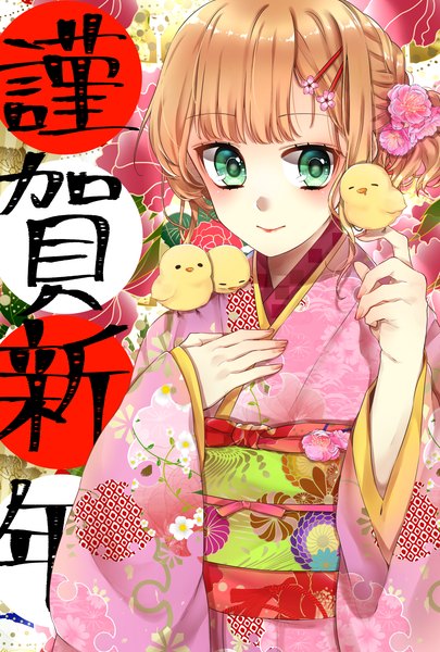 Anime picture 2362x3496 with original minaramuda single tall image fringe highres short hair blonde hair green eyes upper body traditional clothes japanese clothes new year animal on shoulder nengajou bird on hand bird on shoulder girl animal kimono