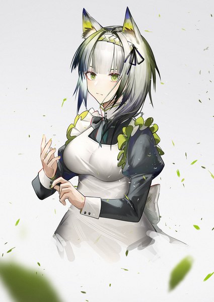 Anime picture 1200x1694 with arknights kal'tsit (arknights) yuuki mix single tall image looking at viewer blush fringe short hair breasts simple background smile large breasts green eyes animal ears upper body blunt bangs long sleeves nail polish cat ears
