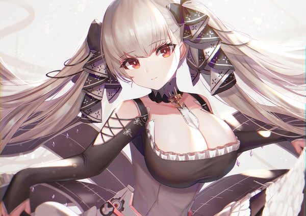 Anime picture 2047x1447 with azur lane formidable (azur lane) dolce (dolsuke) single long hair looking at viewer blush fringe highres breasts light erotic simple background smile hair between eyes large breasts white background holding brown eyes cleavage upper body