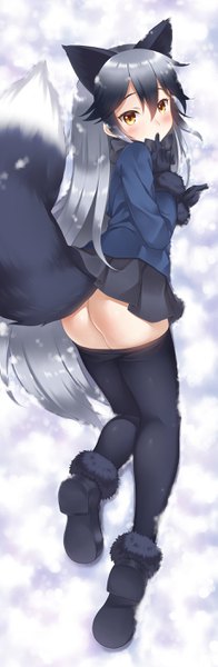 Anime picture 917x2807 with kemono friends silver fox (kemono friends) ren san single tall image looking at viewer blush fringe light erotic hair between eyes animal ears yellow eyes payot ass tail lying very long hair animal tail pleated skirt looking back