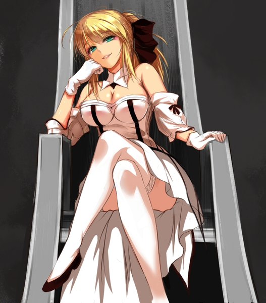 Anime picture 774x880 with fate (series) fate/unlimited codes artoria pendragon (all) saber lily qingchen single long hair tall image looking at viewer light erotic simple background blonde hair smile bare shoulders cleavage ahoge head tilt aqua eyes arm support teeth