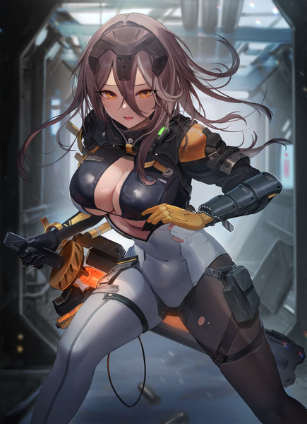 Anime picture 2900x4000 with snowbreak: containment zone haru (snowbreak) zerocat single long hair tall image looking at viewer fringe highres breasts open mouth light erotic smile hair between eyes brown hair large breasts standing brown eyes :d underboob