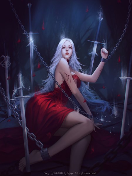 Anime picture 1500x2000 with original naranavy single long hair tall image sitting bare shoulders signed full body bent knee (knees) white hair indoors nail polish parted lips barefoot lips realistic arm support bare legs sparkle