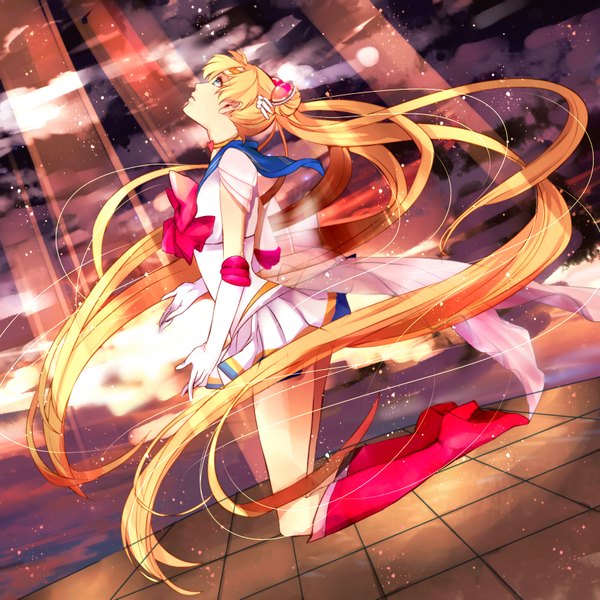 Anime picture 1700x1700 with bishoujo senshi sailor moon toei animation tsukino usagi sailor moon jun (anna19791220) single long hair open mouth blue eyes blonde hair standing twintails wind high heels kneeling girl gloves hair ornament bow earrings