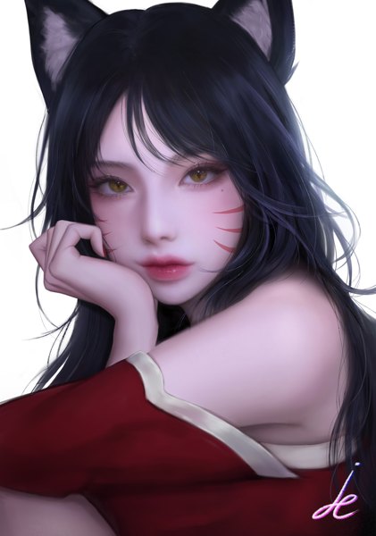Anime picture 2457x3500 with league of legends ahri (league of legends) pinker single long hair tall image looking at viewer fringe highres black hair simple background white background signed animal ears yellow eyes upper body lips realistic mole mole under eye