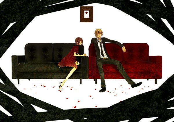 Anime picture 1197x842 with liar game akiyama shinichi kanzaki nao vient looking at viewer blush short hair blonde hair brown hair sitting girl dress boy petals necktie couch suit red dress