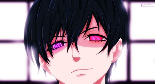 Anime picture 1000x543 with kuroshitsuji a-1 pictures ciel phantomhive zeroooart single looking at viewer short hair black hair smile wide image purple eyes sunlight heterochromia coloring portrait face boy window