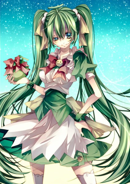 Anime picture 1253x1770 with melonbooks melon-chan tsukioka tsukiho long hair tall image fringe breasts simple background smile standing twintails green eyes looking away green hair light smile zettai ryouiki hand on hip blue background thighhighs dress