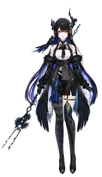 Anime picture 768x1327 with virtual youtuber hololive hololive english nerissa ravencroft nerissa ravencroft (1st costume) shadow (nerissa ravencroft) kim eb single long hair tall image looking at viewer fringe black hair hair between eyes blue hair full body pink eyes multicolored hair horn (horns) official art